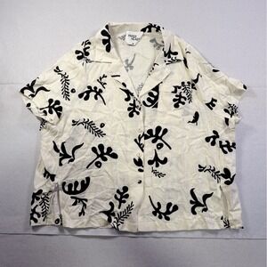 Paper Heart Women's Medium Cream Black Floral Cropped Polo Shirt Oversized Linen